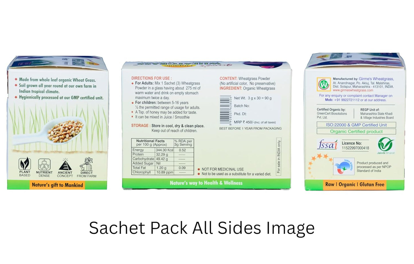Organic Wheat Grass Powder - 3gx30 Sachet Pack -Girme's