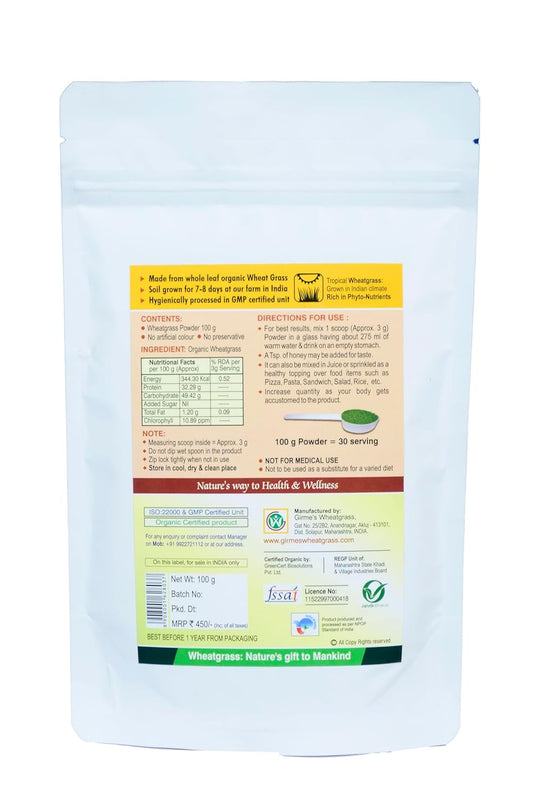 Organic Wheat Grass Powder - 100g Pouch - Girme's