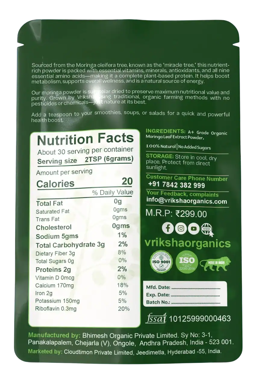 Vriksha Organic Moringa Powder 200gm | A Complete Protein Source | Loaded with Antioxidants