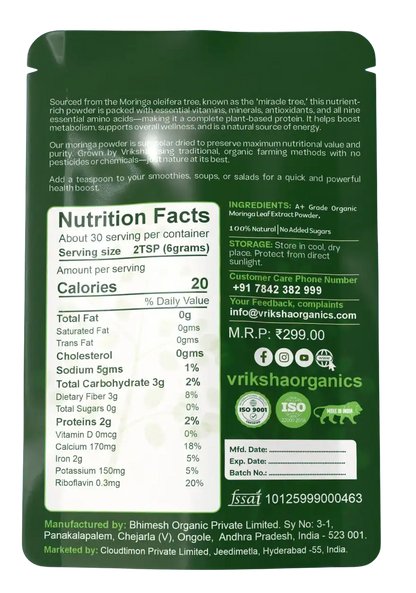 Vriksha Organic Moringa Powder 200gm | A Complete Protein Source | Loaded with Antioxidants