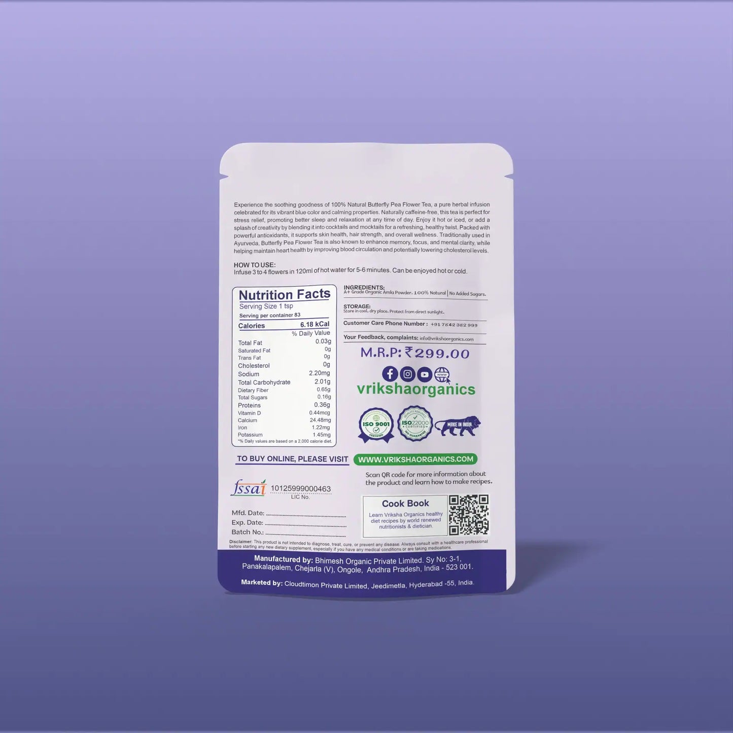 Vriksha Butterfly Pea Flower Flakes | Enhance cognitive function and Memory | Caffeine-free